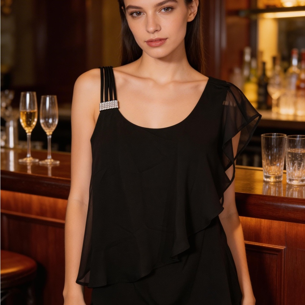 Elegant Black Ruffled Top with Straps zoned Side with Rhinestone Accents